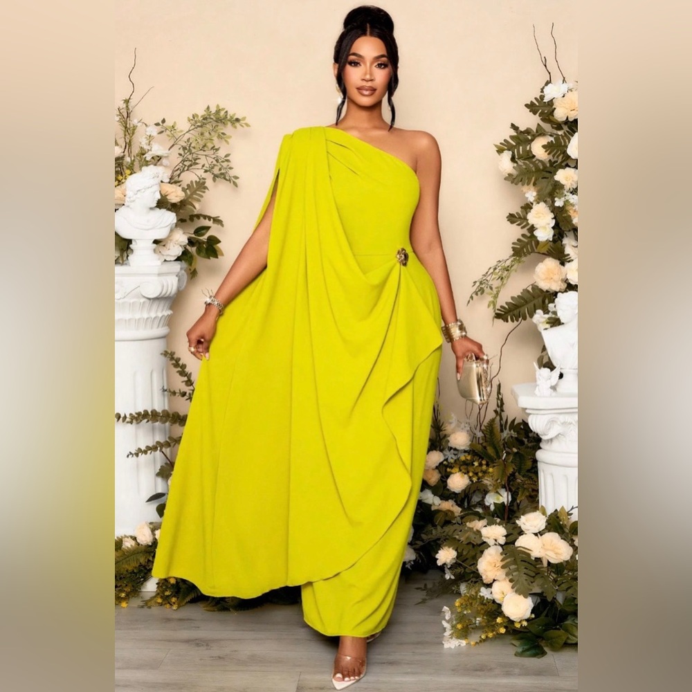 One Shoulder Maxi Dress With Gold Trim Detail Asymmetrical Lime Green  Dress